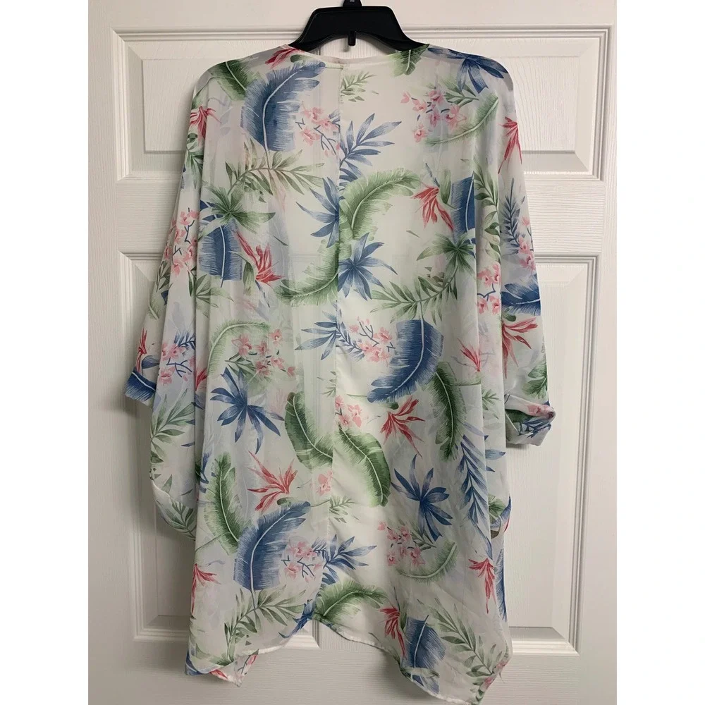 Tropical Palm‎ Floral Cotton Kimono Wrap Cover Up White Green Blue XL
